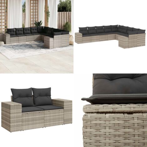 Set Divano Giardino 10 pz con Cuscini Grigio Chiaro Polyrattan - Seduta da esterno - Cuscini da seduta