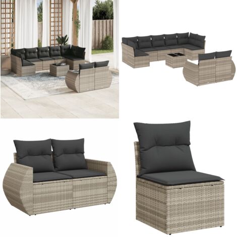 Set Divano Giardino 10 pz con Cuscini Grigio Chiaro Polyrattan - Seduta da esterno - Cuscini da seduta
