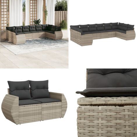 Set Divano Giardino 10 pz con Cuscini Grigio Chiaro Polyrattan - Seduta da esterno - Cuscini da seduta