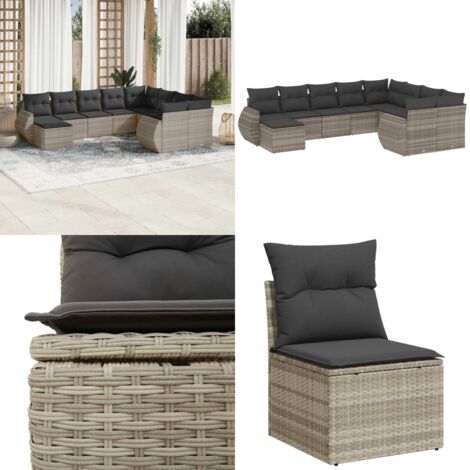 Set Divano Giardino 10 pz con Cuscini Grigio Chiaro Polyrattan - Seduta da esterno - Cuscini da seduta