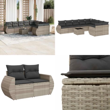 Set Divano Giardino 10 pz con Cuscini Grigio Chiaro Polyrattan - Seduta da esterno - Cuscini da seduta