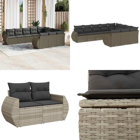 Set Divano Giardino 10 pz con Cuscini Grigio Chiaro Polyrattan - Seduta da esterno - Cuscini da seduta