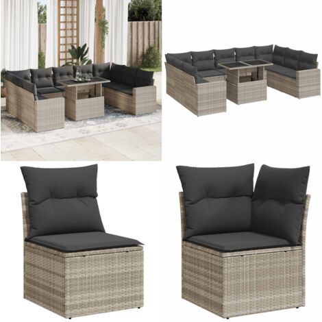 Set Divano Giardino 10 pz con Cuscini Grigio Chiaro Polyrattan - Sedute da esterno - Cuscini da giardino