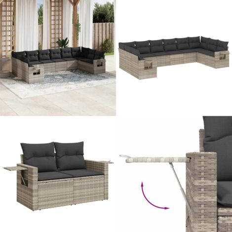 Set Divano Giardino 10 pz con Cuscini Grigio Chiaro Polyrattan - Sedute da esterno - Cuscini da sedile