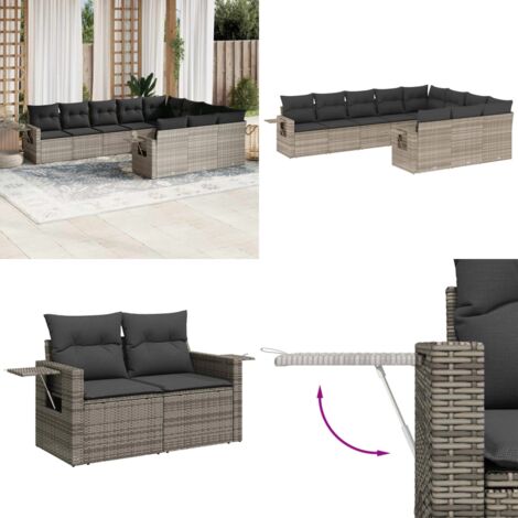 Set Divano Giardino 10 pz con Cuscini Grigio Chiaro Polyrattan - Sedute da esterno - Cuscini da sedile