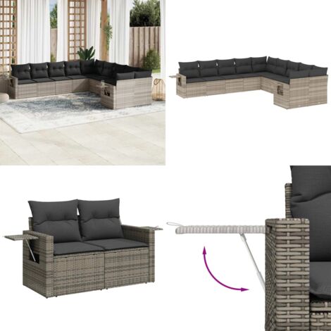 Set Divano Giardino 10 pz con Cuscini Grigio Chiaro Polyrattan - Sedute da esterno - Cuscini da sedile