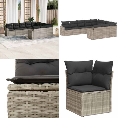 Set Divano Giardino 10 pz con Cuscini Grigio Chiaro Polyrattan - Sedute da esterno - Cuscini da seduta