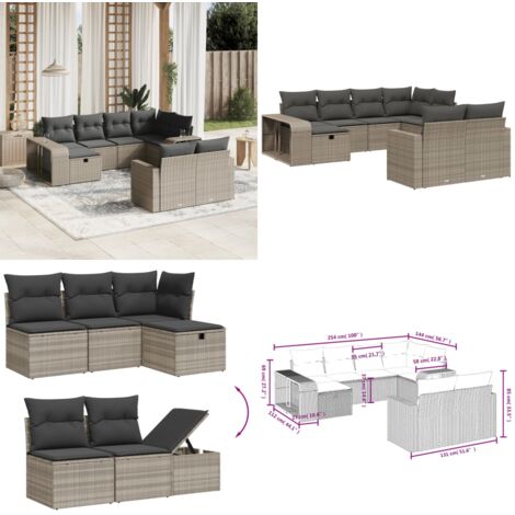 Set Divano Giardino 10 pz con Cuscini Grigio Chiaro Polyrattan - Sedute da esterno - Cuscini da seduta