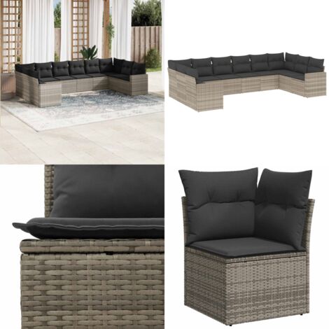 Set Divano Giardino 10 pz con Cuscini Grigio Chiaro Polyrattan - Sedute da esterno - Cuscini da seduta