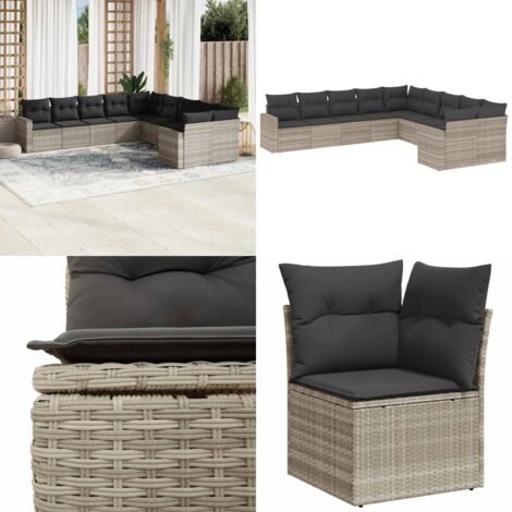 Set Divano Giardino 10 pz con Cuscini Grigio Chiaro Polyrattan - Sedute da esterno - Cuscini da seduta