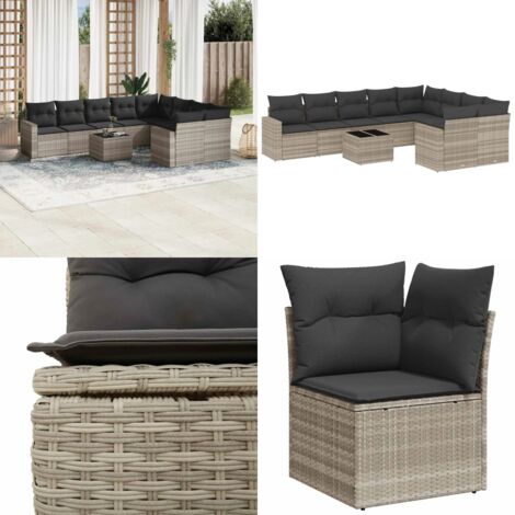 Set Divano Giardino 10 pz con Cuscini Grigio Chiaro Polyrattan - Sedute da esterno - Cuscini da seduta