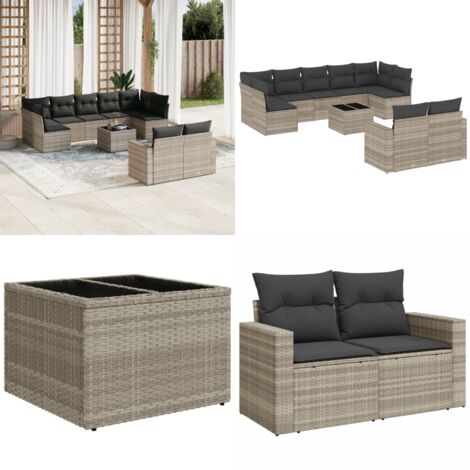 Set Divano Giardino 10 pz con Cuscini Grigio Chiaro Polyrattan - Sedute da esterno - Cuscini da seduta