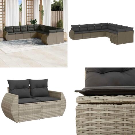 Set Divano Giardino 10 pz con Cuscini Grigio Chiaro Polyrattan - Sedute da esterno - Cuscini da seduta