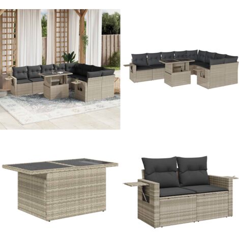 Set Divano Giardino 10 pz con Cuscini Grigio Chiaro Polyrattan - Sedute da esterno - Tavolo da giardino
