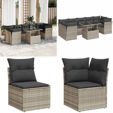 Set Divano Giardino 10 pz con Cuscini Grigio Chiaro Polyrattan - Sedute da esterno - Tavolo da giardino