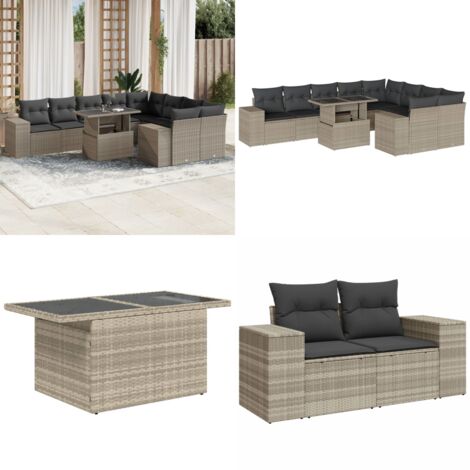 Set Divano Giardino 10 pz con Cuscini Grigio Chiaro Polyrattan - Sedute da esterno - Tavolo da giardino