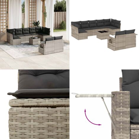 Set Divano Giardino 10 pz con Cuscini Grigio Chiaro Polyrattan - Sedute da esterno - Tavolo da giardino