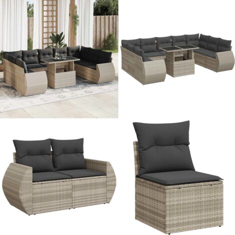 Set Divano Giardino 10 pz con Cuscini Grigio Chiaro Polyrattan - Sedute da esterno - Tavolo da giardino