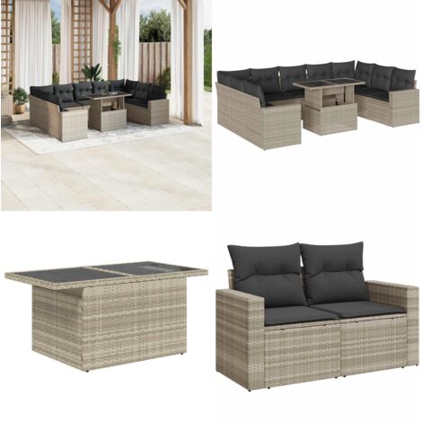 Set Divano Giardino 10 pz con Cuscini Grigio Chiaro Polyrattan - Sedute da esterno - Tavolo da giardino
