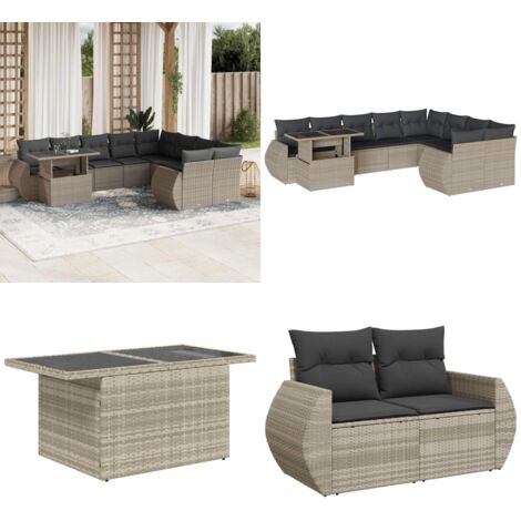 Set Divano Giardino 10 pz con Cuscini Grigio Chiaro Polyrattan - Sedute da esterno - Tavolo da giardino
