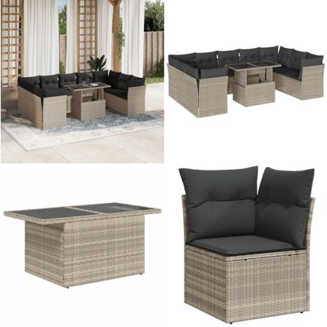 Set Divano Giardino 10 pz con Cuscini Grigio Chiaro Polyrattan - Sedute da esterno - Tavolo da giardino