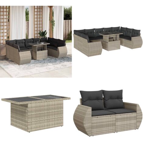 Set Divano Giardino 10 pz con Cuscini Grigio Chiaro Polyrattan - Sedute da esterno - Tavolo da giardino