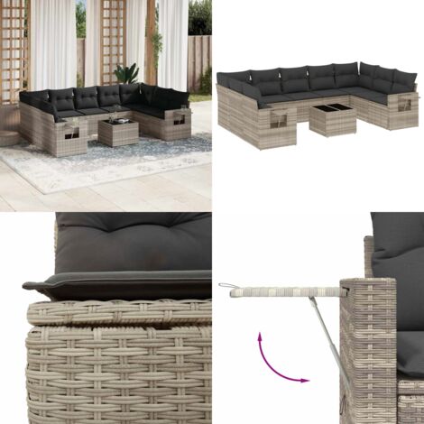 Set Divano Giardino 10 pz con Cuscini Grigio Chiaro Polyrattan - Sedute da esterno - Tavolo da giardino
