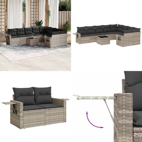 Set Divano Giardino 10 pz con Cuscini Grigio Chiaro Polyrattan - Sedute da esterno - Tavolo da giardino