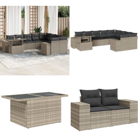 Set Divano Giardino 10 pz con Cuscini Grigio Chiaro Polyrattan - Sedute da esterno - Tavolo da giardino