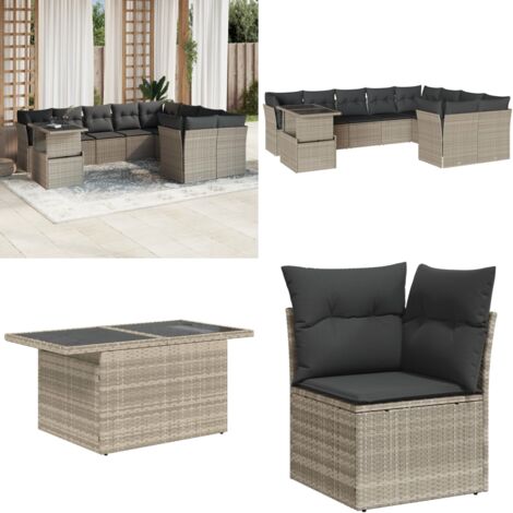 Set Divano Giardino 10 pz con Cuscini Grigio Chiaro Polyrattan - Sedute da esterno - Tavolo da giardino