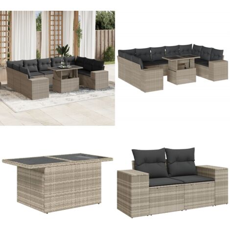 Set Divano Giardino 10 pz con Cuscini Grigio Chiaro Polyrattan - Sedute da esterno - Tavolo da giardino