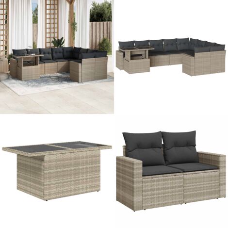Set Divano Giardino 10 pz con Cuscini Grigio Chiaro Polyrattan - Sedute da esterno - Tavolo da giardino