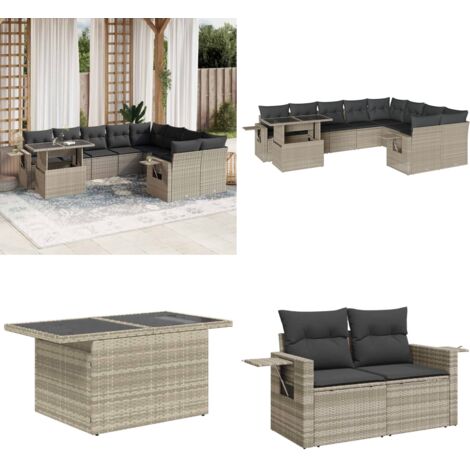 Set Divano Giardino 10 pz con Cuscini Grigio Chiaro Polyrattan - Sedute da esterno - Tavolo da giardino