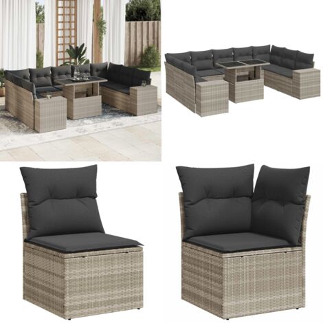 Set Divano Giardino 10 pz con Cuscini Grigio Chiaro Polyrattan - Sedute da esterno - Tavolo da giardino