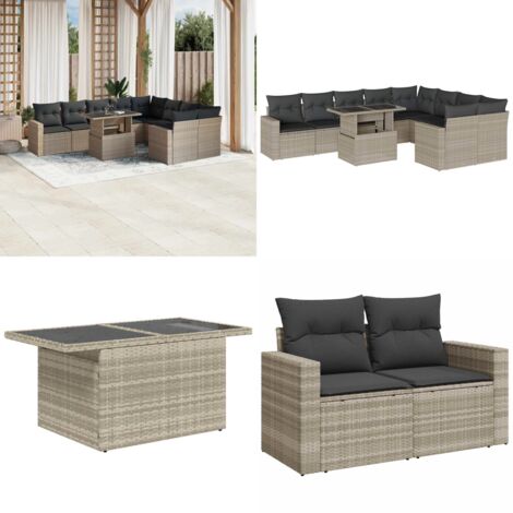 Set Divano Giardino 10 pz con Cuscini Grigio Chiaro Polyrattan - Sedute da esterno - Tavolo da giardino