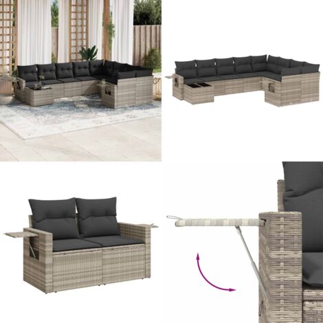 Set Divano Giardino 10 pz con Cuscini Grigio Chiaro Polyrattan - Sedute da esterno - Tavolo da giardino