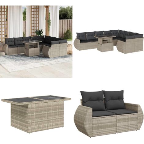 Set Divano Giardino 10 pz con Cuscini Grigio Chiaro Polyrattan - Sedute da esterno - Tavolo da giardino