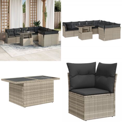 Set Divano Giardino 10 pz con Cuscini Grigio Chiaro Polyrattan - Sedute da esterno - Tavolo da giardino