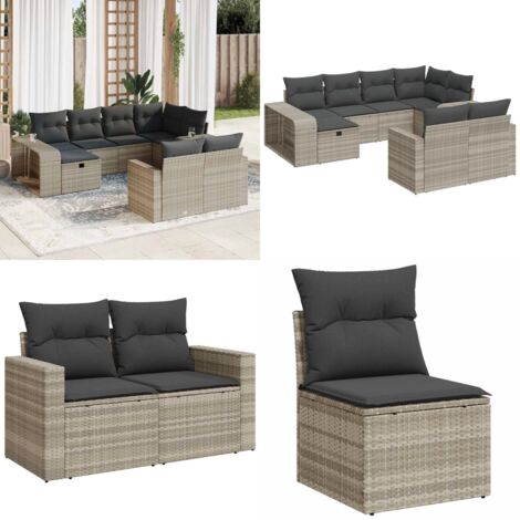 Set Divano Giardino 10 pz con Cuscini Grigio Chiaro Polyrattan - Sedute da giardino - Cuscini da giardino