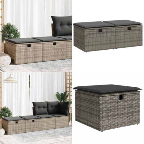 Set Divano Giardino 2 pz con Cuscini Grigio Polyrattan Acacia - Sgabello da giardino - Cuscino da giardino