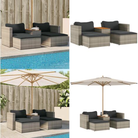 Set Divano Giardino 5 pz con Cuscini Grigio Polyrattan Acacia - Poltrona da giardino - Cuscini da seduta