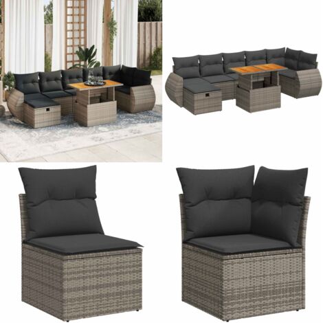 Set Divano Giardino 5 pz con Cuscini Grigio Polyrattan Acacia - Seduta da giardino - Poltrona da giardino