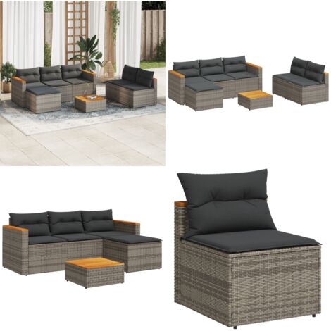 Set Divano Giardino 5 pz con Cuscini Grigio Polyrattan Acacia - Seduta esterna - Cuscini da giardino