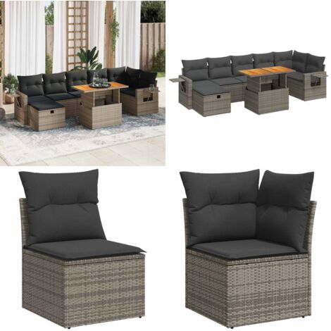 Set Divano Giardino 5 pz con Cuscini Grigio Polyrattan Acacia - Sedute da esterno - Cuscini da giardino