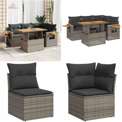 Set Divano Giardino 5 pz con Cuscini Grigio Polyrattan Acacia - Sedute da esterno - Cuscini da giardino