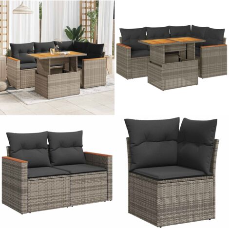 Set Divano Giardino 5 pz con Cuscini Grigio Polyrattan Acacia - Sedute da esterno - Cuscini da giardino