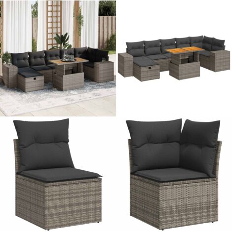 Set Divano Giardino 5 pz con Cuscini Grigio Polyrattan Acacia - Sedute da esterno - Poltrone da giardino
