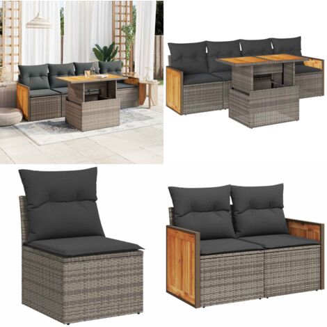 Set Divano Giardino 5 pz con Cuscini Grigio Polyrattan Acacia - Sedute da giardino - Poltrone da giardino