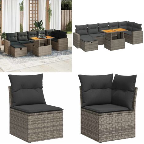 Set Divano Giardino 5 pz con Cuscini Grigio Polyrattan Acacia - Sedute da giardino - Tavolo da giardino