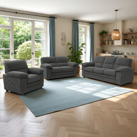 Set divano in velluto a coste grigio scuro + 2 posti + poltrona LINCOLN